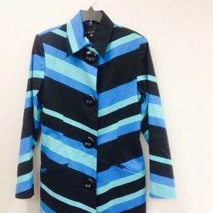 Blue Black Stripe Blazer Long Trench Coat